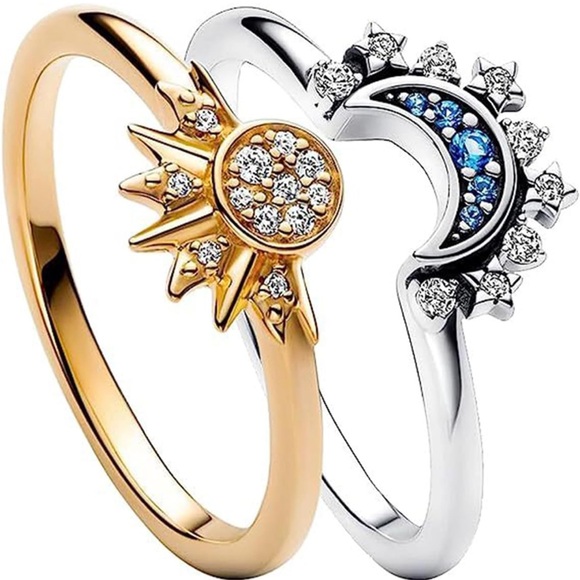 Pair of Celestial Sun and Moon Ring Set, Friendship Matching Rings, size 9 - Picture 1 of 9